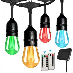 48FT Solar Outdoor RGB String Lights, Dimmable Patio String Lights with 2 Remote Control, Solar String Lights Waterproof with 15 Hanging Bulbs Lights Dimmable for Garden Bistro, Party