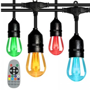 48FT Color Changing Outdoor String Lights, 15 LED Bulbs Shatterproof Dimmable, IP65 Waterproof, RGBW Flashing String Lights with RF Remote, Decorative Lights for Patio Garden